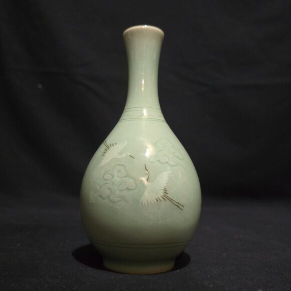 Korean Celadon Vase Maebyong Style Jade Green Glaze Cranes Flying